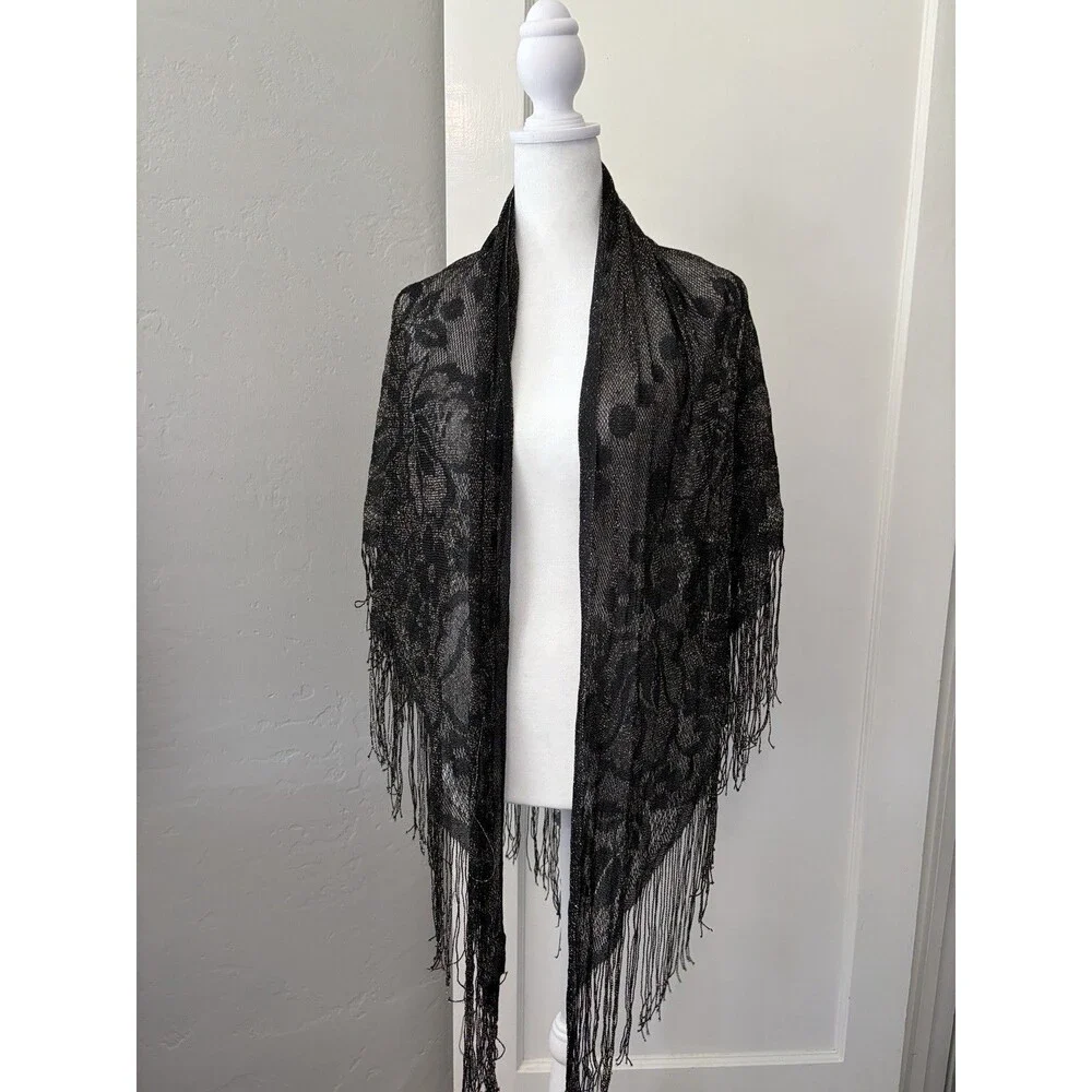 Vintage Ben Goodman Black Gold Metallic Lace Fringe Triangle Shawl Wrap FLAW